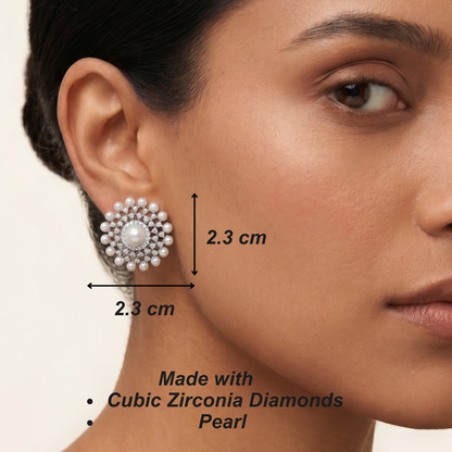 Noura Stud Earrings - Silver & Pearl