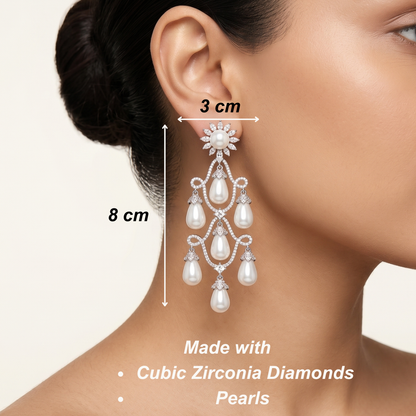 Chandelier Diamond Danglers - Silver & Pearl